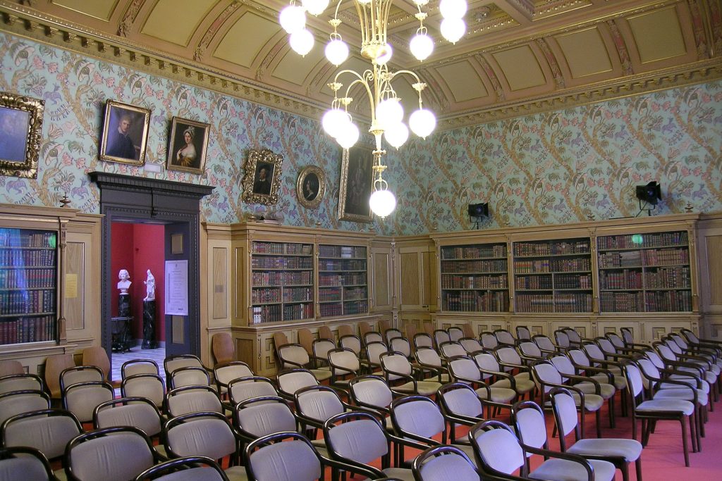 a view of the salon inside Haus Wahnfried showing an arrangement of chairs for a concert performance